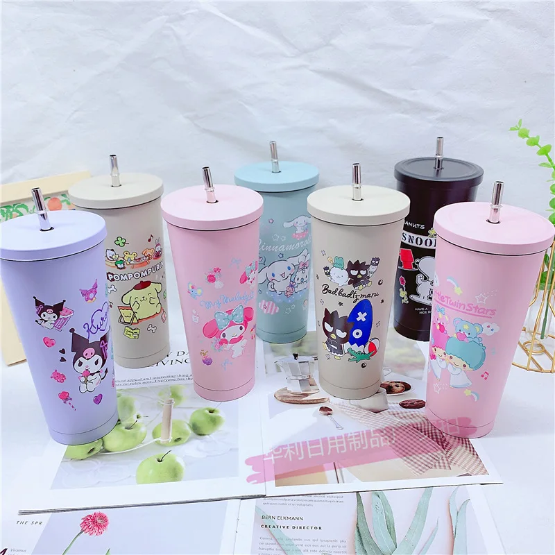 750Ml Kawaii Sanriod Anime Series Hello Kittyd My Melody Cinnamoroll Kuromi Drinking Straw Stainless Steel Thermos Cold Cup Gift