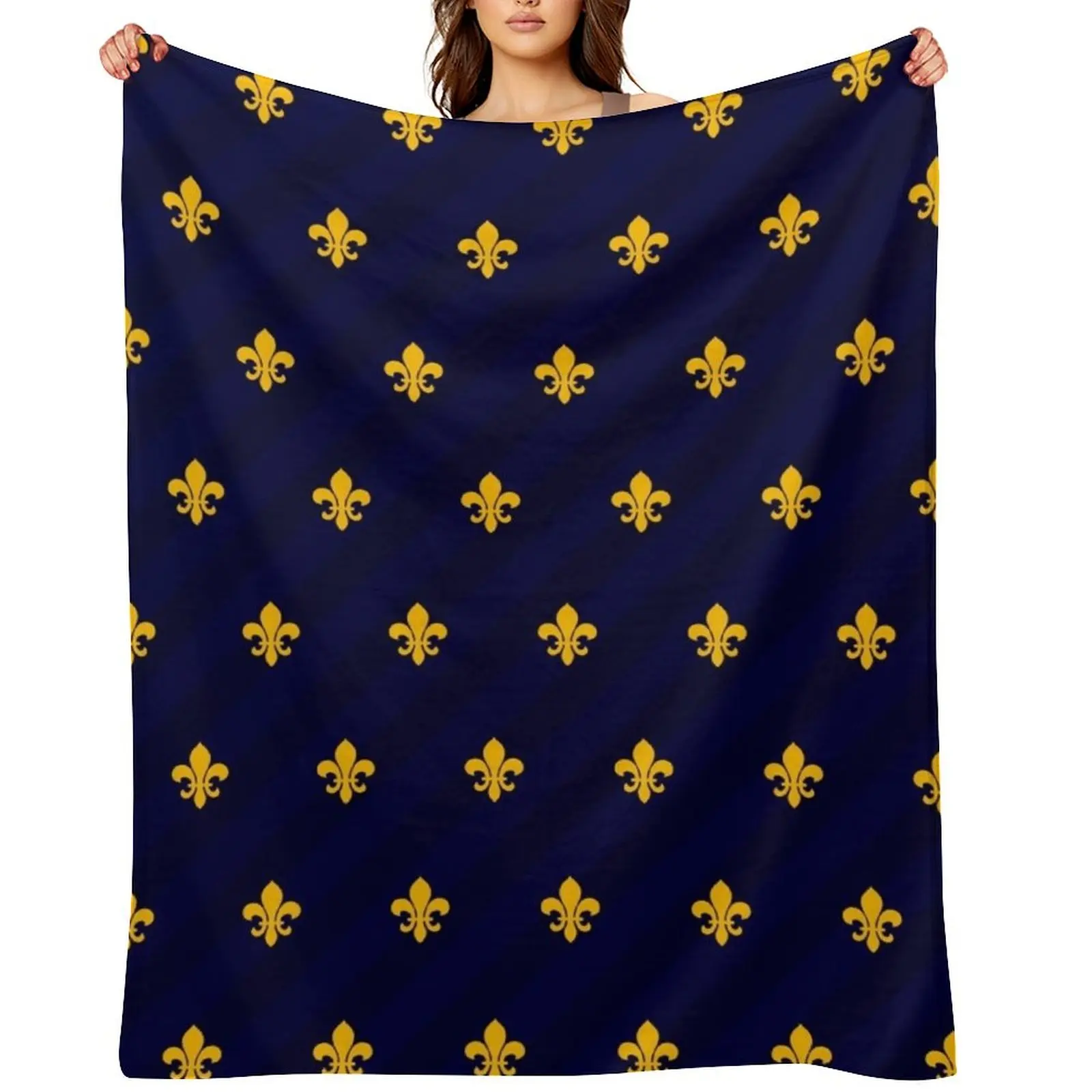 

Fleur de Lys Gold Blue Throw Blanket Flannel Soft Beds Custom Multi-Purpose Blankets