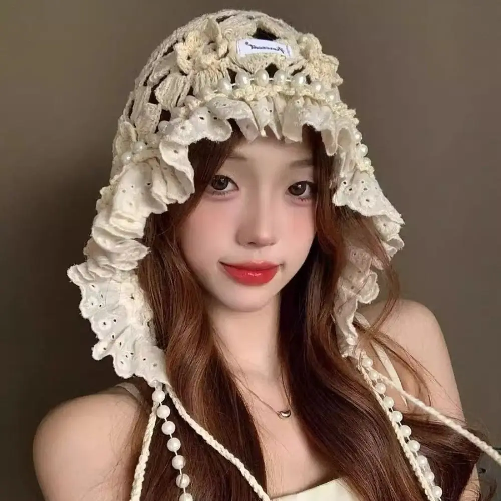 

Fashion Pearl Tassels Crochet Flower Knitted Hat Bohemian Style Hollow Out Lace Beanies Thin Handmade Ethnic Style Hat Outdoor