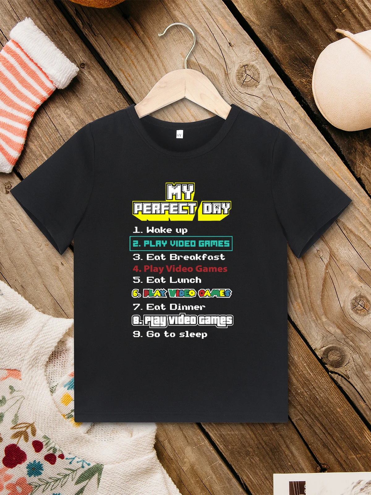 Summer Casual Home 3 to 7 Years Children Clothes “My Perfect Day Play Video Games” Print Funny Kids T Shirt Loose Breathable