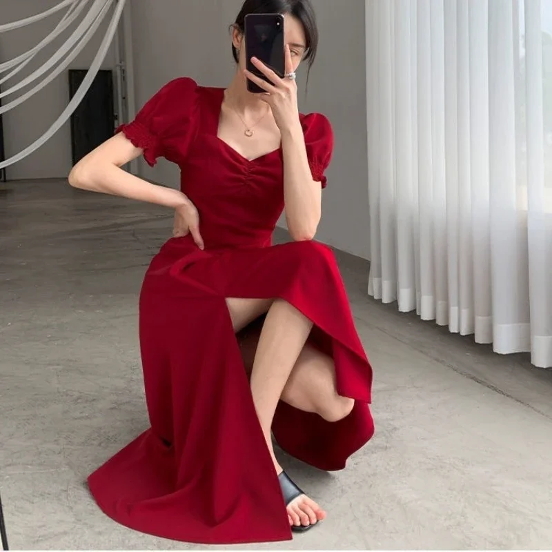 Vestido elegante de manga corta abombada liso, ropa de mujer para invitados de boda, Año Nuevo, moda para mujer, vestidos de fiesta de noche ajustados de cintura alta