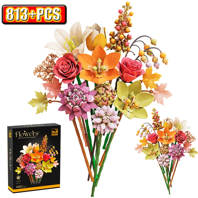 Zeremonie-Blumen Baustein-Set Botanische Kollektion Rosenstrauß Bausteine Puzzle Hobbys Mädchengeschenk Blumen Feiertagsgeschenk