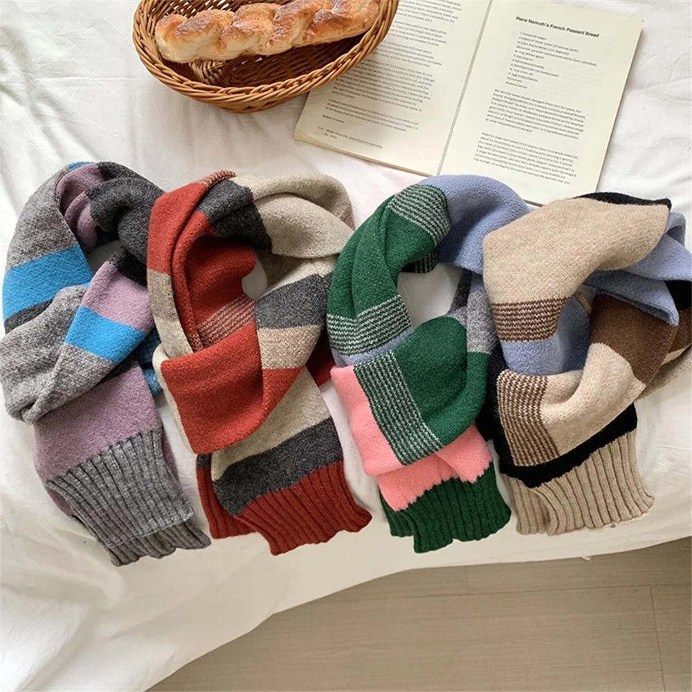 New Korean Version Warmth Knitted Scarf Women's Winter Thickened Atmosphere Scarves Fashion Collision Splicing Colorful Shawl