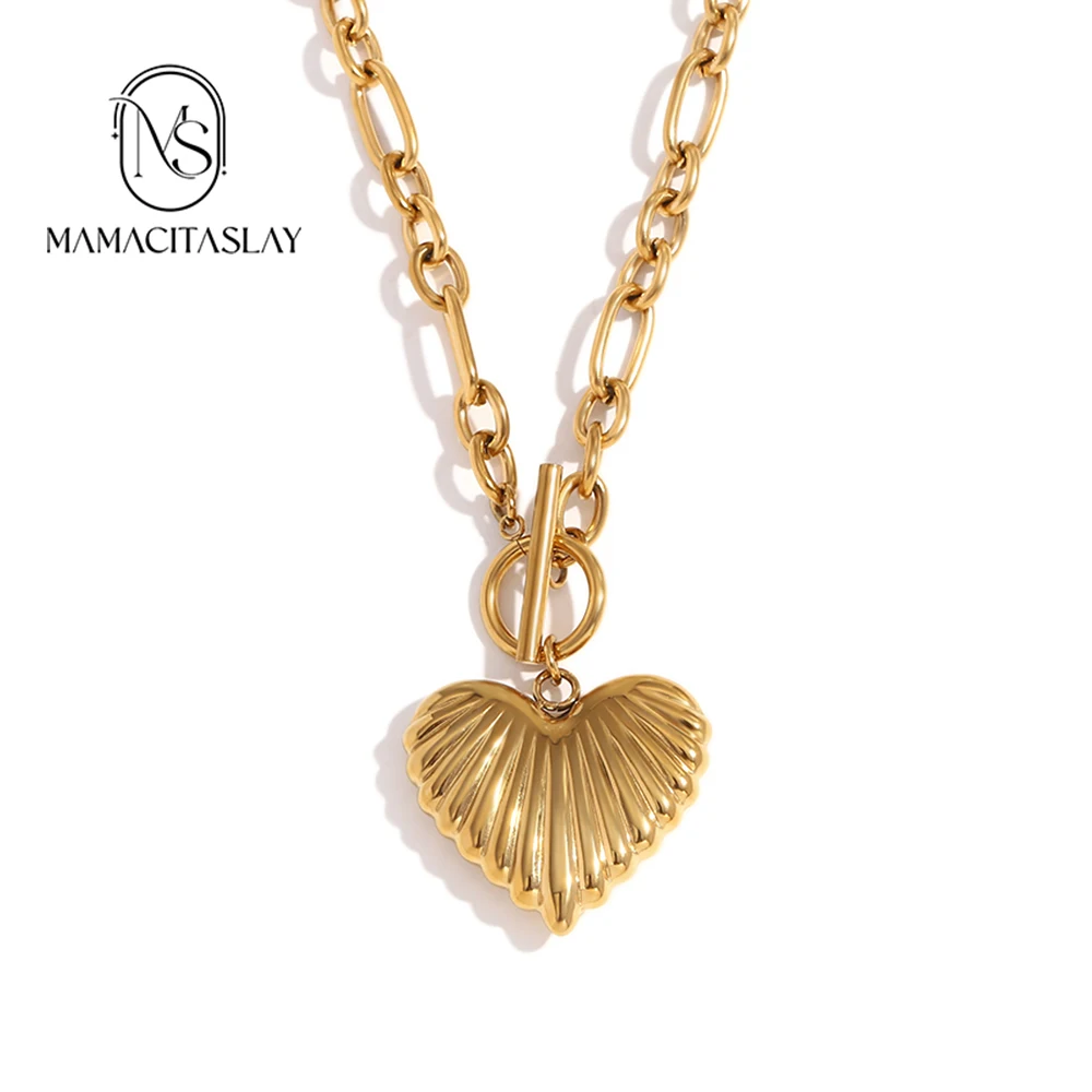 MamacitaSlay Stylish irregular size chain OT buckle heart pendant Necklace stainless steel women's jewelry Neck Decoration