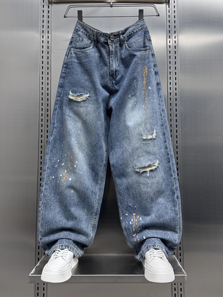 

Retro Waed Hole Denim Jeans Men Faionable Straight Leg Long Pants Spring Autumn New Sle Youthful Wear Resistant Loose Fit