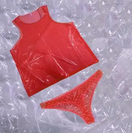 

Transparent PVC Plastic Polka Dot Men Sexy Vest Shorts Women Soft Smooth Silent Sleeveless Tops Thong Couple Erotic Briefs