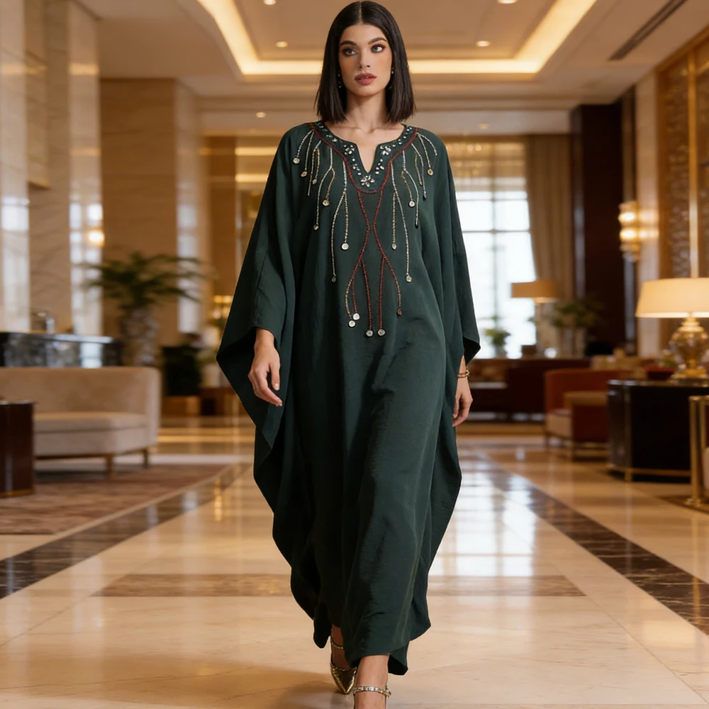 

Женское мусульманское платье для Ид: Абайя, Джелабия, Кафтан, Кебая, Кафтан Марокканский, с рукавами «летучая мышь» и бисером, для Рамадана, Турция