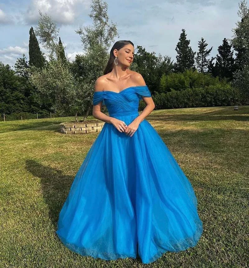 Royal Blue Uit De Schouder Avondjurk V-hals Backless Rits Elegante A-lijn Prom Dresses Formele Party Gown Robe Doen Soiree