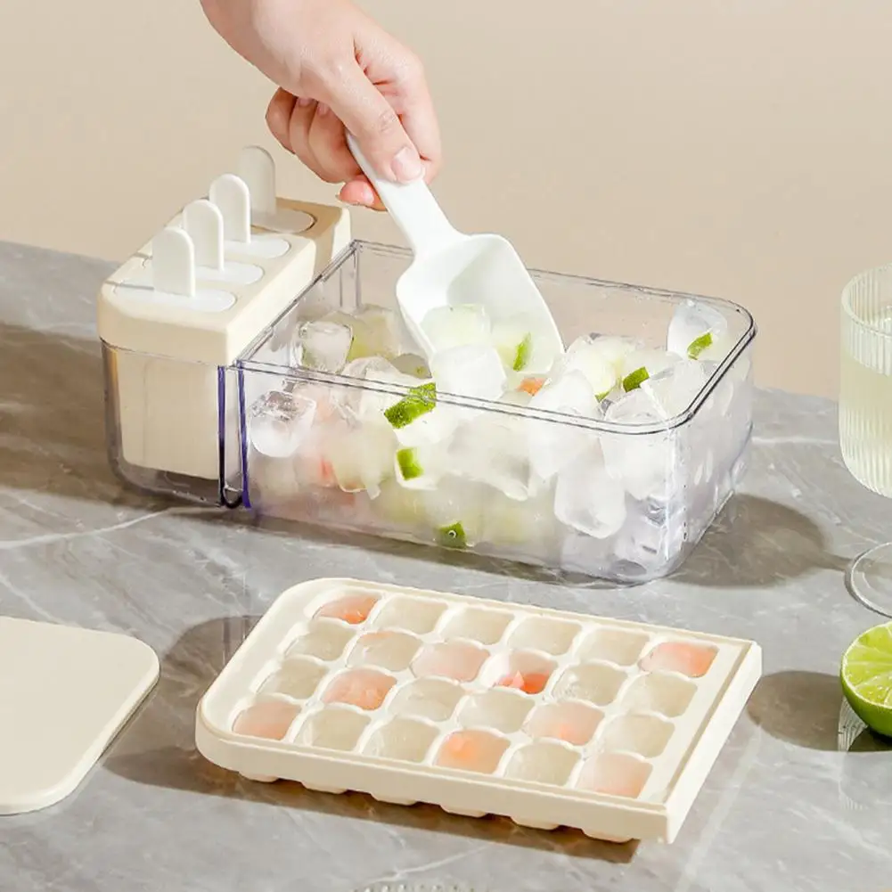 Ice Tray with Sealed Cover Ice Storage Container Double Layer Ice Cube Tray with Lid Scraper 24 Cavities Food for Refrigerator