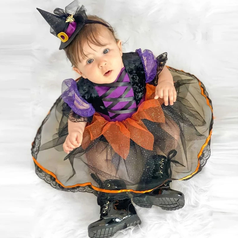 Neugeborenes Baby Mädchen Halloween Hexe Kostüm Outfit Puffärmel Tüll Patchwork Strampler Kleid mit Stirnband Halloween Kleidung