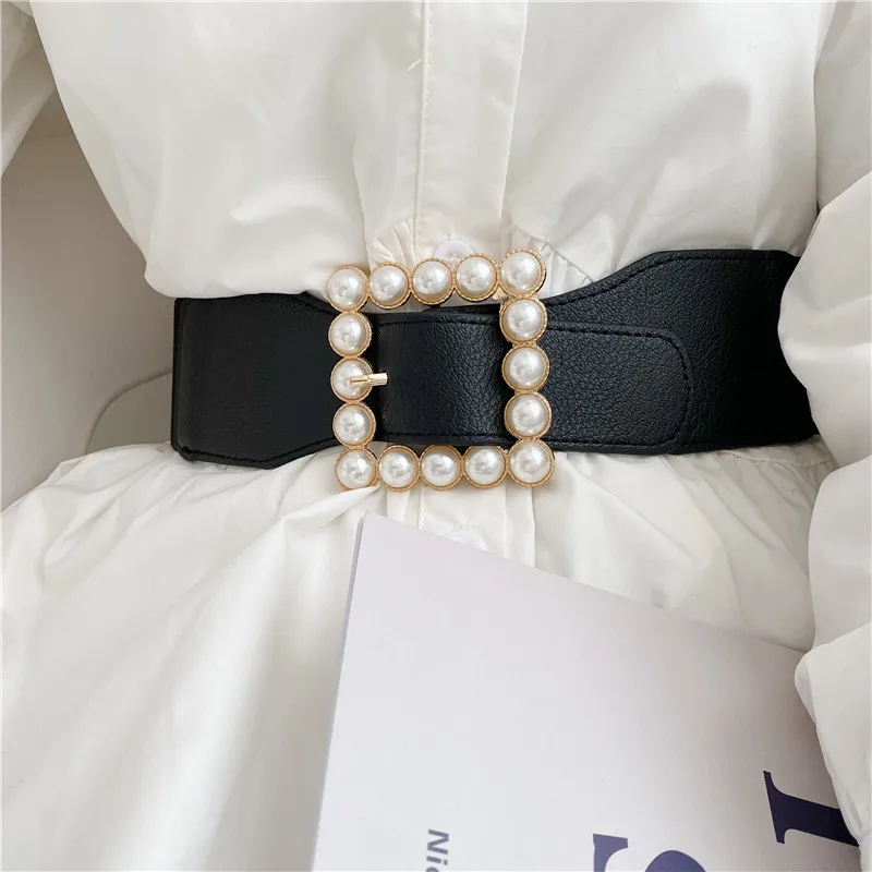 Fashion Waistbands For Women Solid Stretch Wide Cummerbunds Wedding Dress Adornment Lady Pearl Gold Pin Buckle Belts Dress Gifts