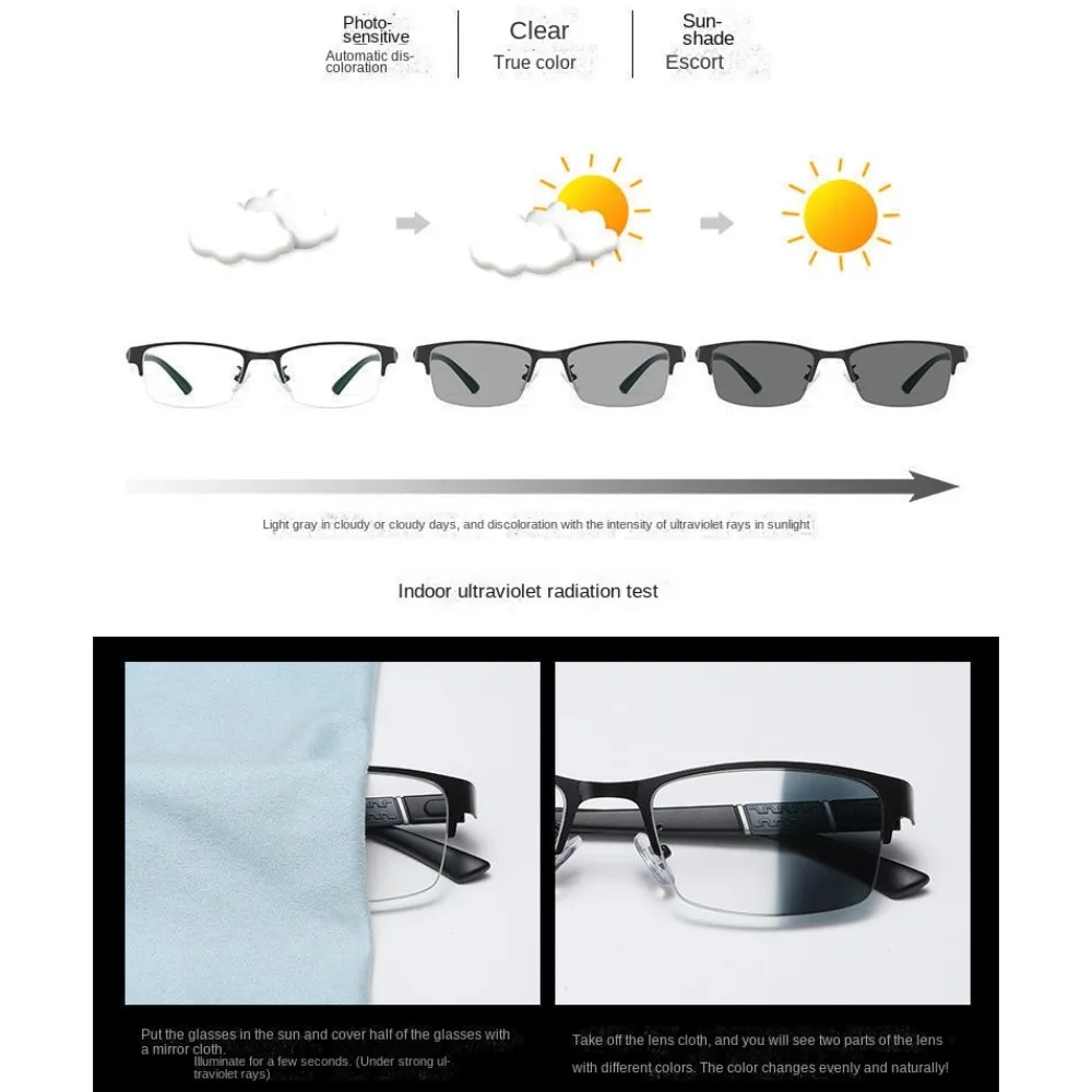 

PC Resin Photochromic Myopia Glasses Strength: -0~-4.0x Rectangle UV Shades Sunglasses Black+Blue Half Frame