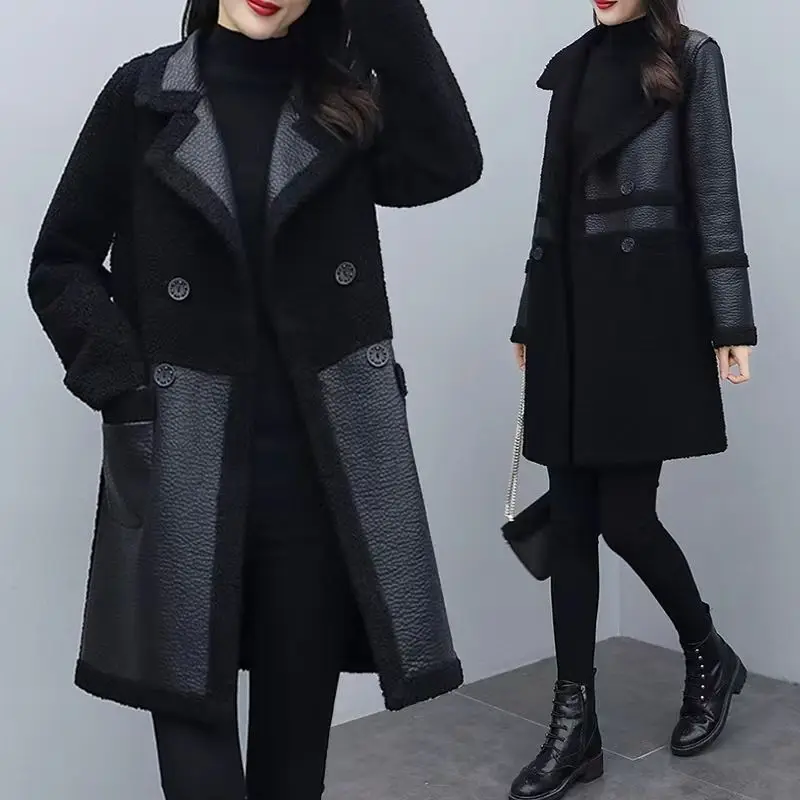 6xl große Winter Kunstleder Mantel Frauen verdicken warme zweiseitige Kleidung Patchwork Pu Lederjacke weibliche lange Oberbekleidung w995