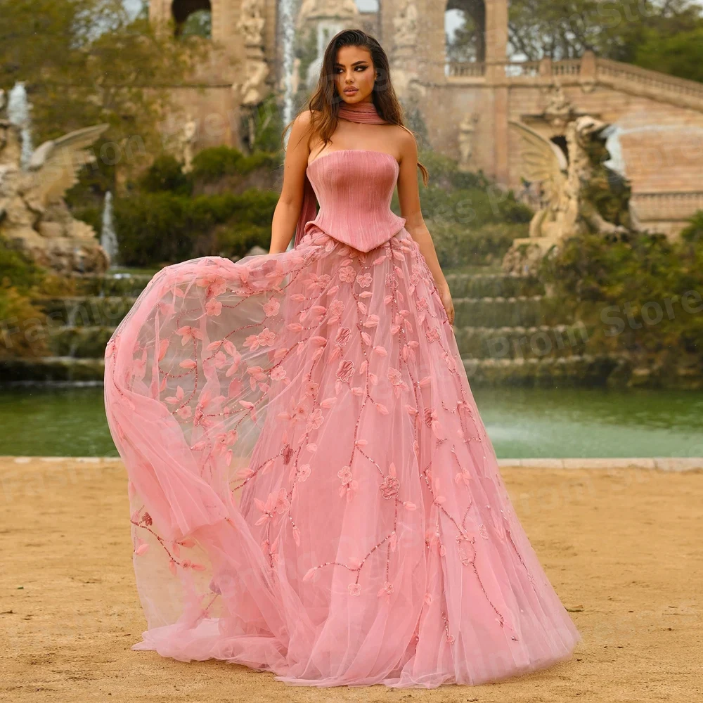 Luxurious Women A Line Evening Dresses Strapless Appliques Prom Gowns Robe De Soirée Customized Sleeveless Vestidos Para Mujer