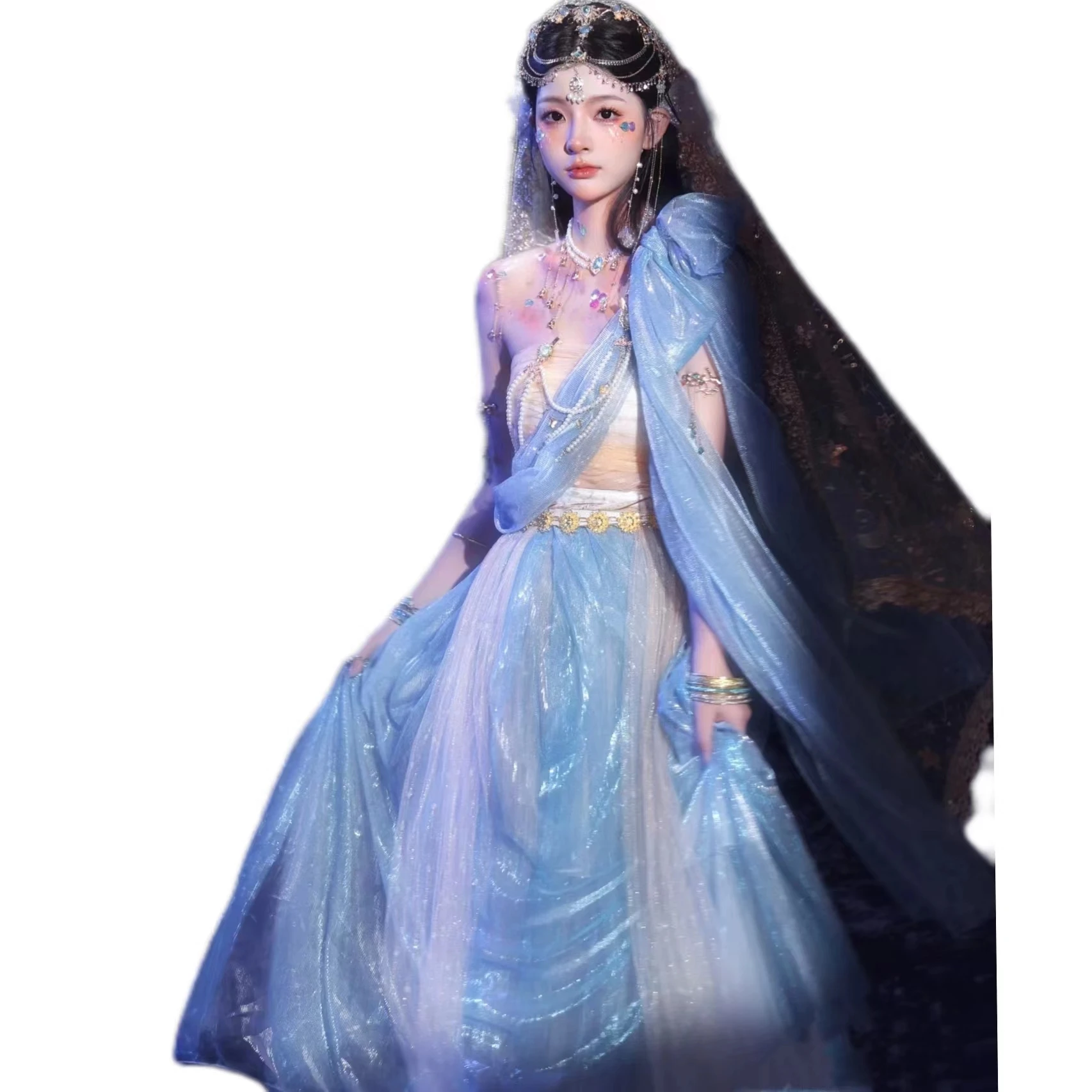 Exotic Mermaid Princess Fairy Flying Hanfu ผู้หญิง Dunhuang Western Region เครื่องแต่งกาย Vintage เดินทางชาติพันธุ์สาวคอสเพลย์เสื้อผ้า