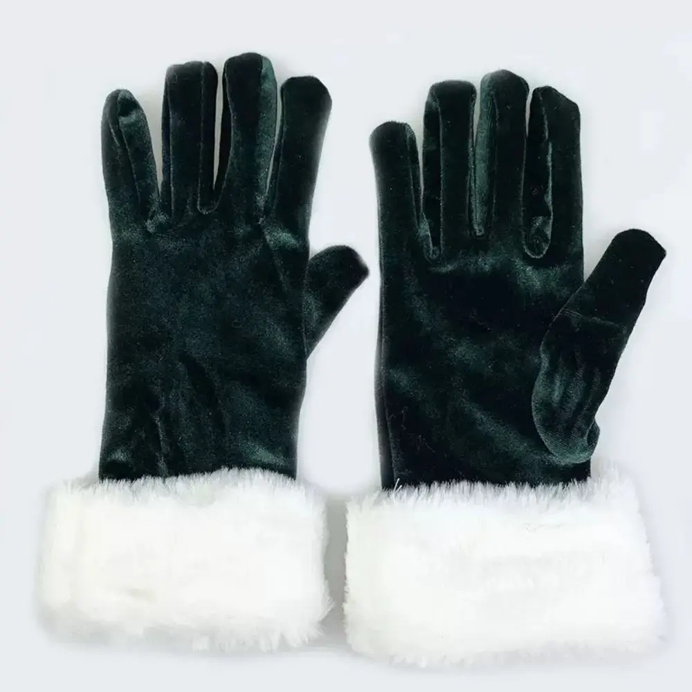 Thickened Christmas Gloves Red Velvet White Fur Trim Full Finger Gloves Soft Comfortable To Wear Santa Claus Gloves