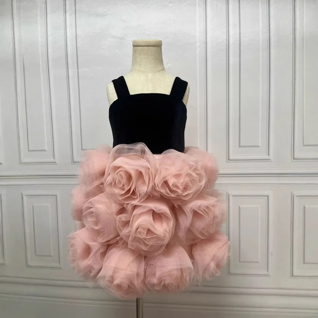 Flower Girls Dress For Short Wedding Floral Gala Dress Spaghetti Strap Black Velvet Toddler Pageant Dress