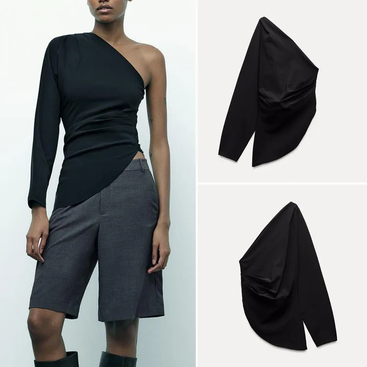 

Faionable Асимметричная женская футболка со плиссированным декором и дизайном на одно плечо Street Sle Long Sve Slim Fit