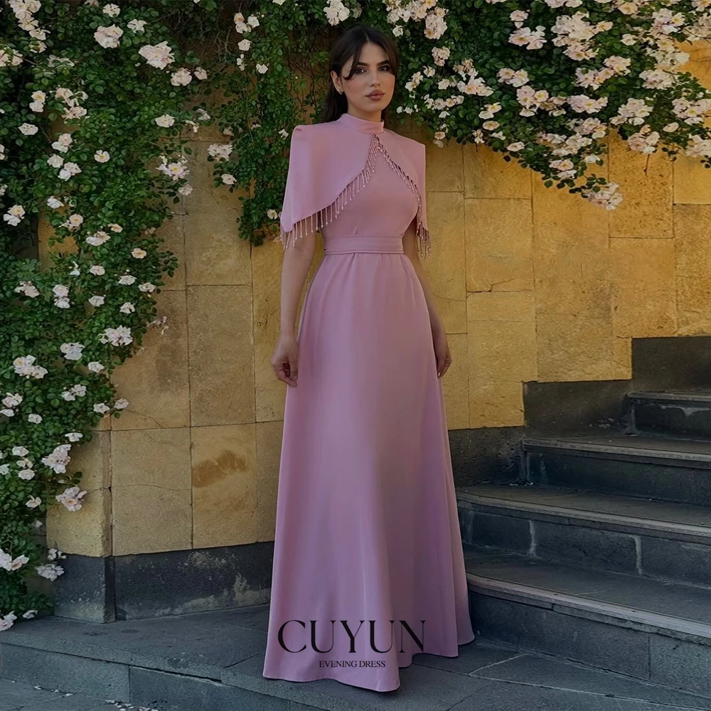

CUYUN Elegant Formal Evening Dresses High Collar Cape Sleeves with Tassel Party Dresses Customized Banquet Gown for Women