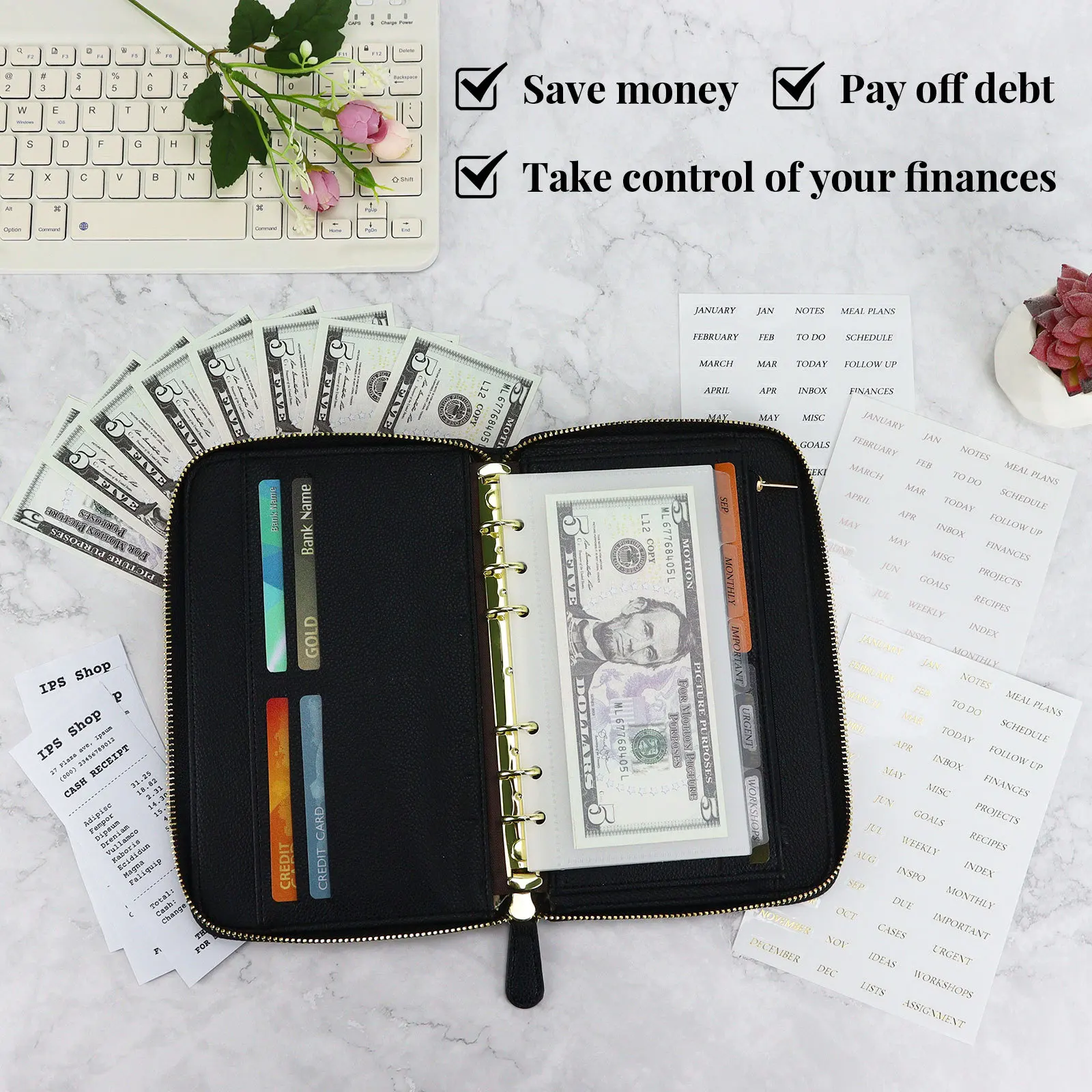 New A6 Leather Budget Binder Cash Envelopes System Wallet Budget Planner with Zipper 6 Rings Refillable Organizer for Cash