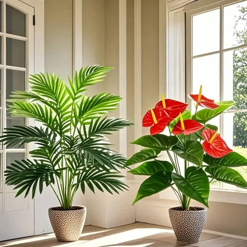2 Sets große künstliche Palmenpflanzen und Anthuriumgrüne Zyklusblätter aus Kunststoff für Zuhause, Balkon, Büro, Outdoor-Dekoration – Detail 5