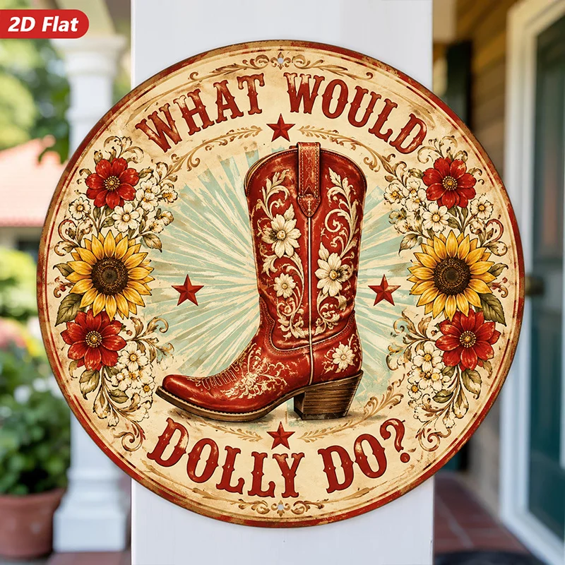 2D Flat, 1pc Western Cowgirl Boots Round Metal Sign Wall Art, Perfect for Studio Bedroom Study, Home Decor