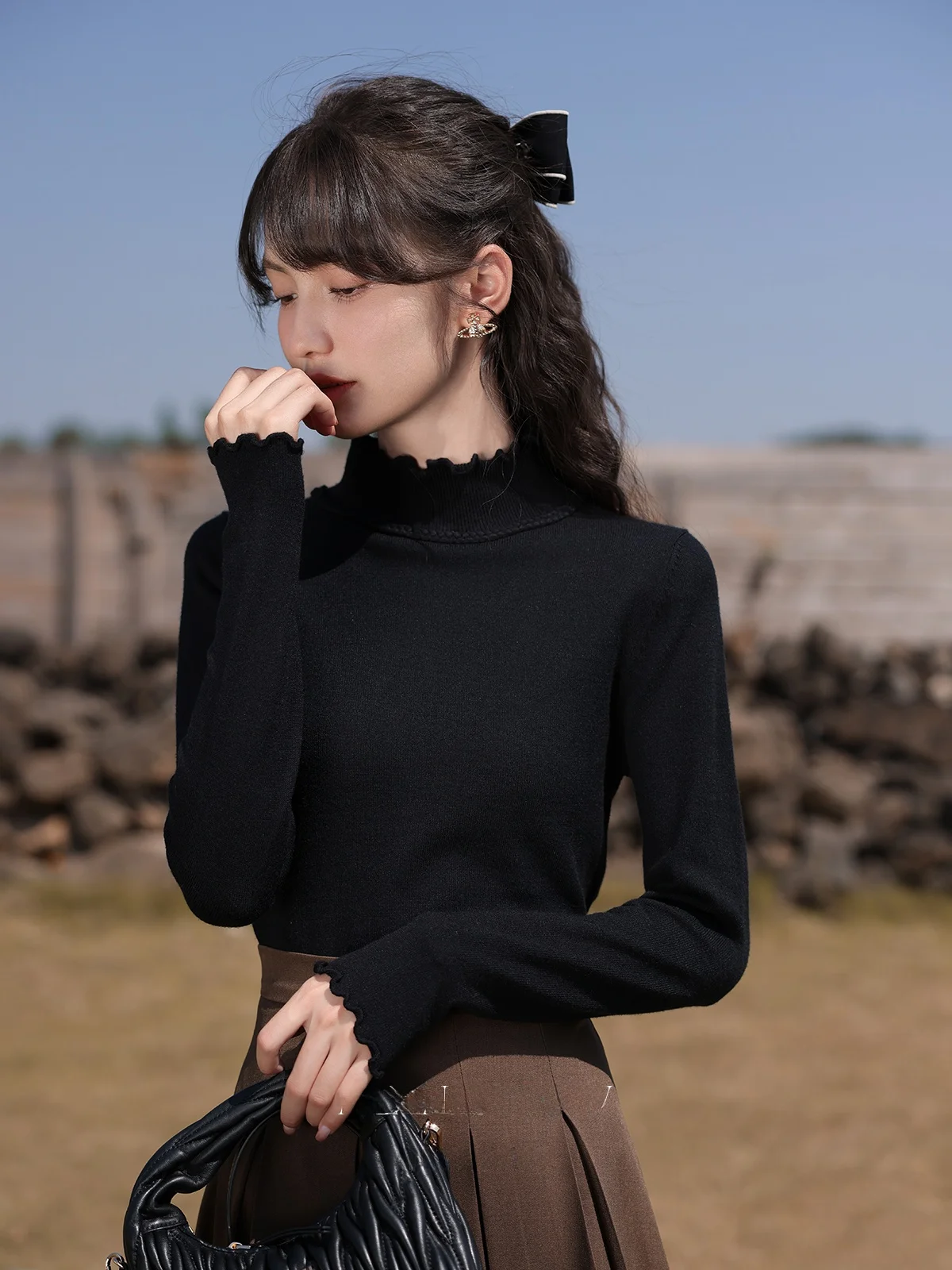 

Ele High Ne Knitted Sweater for Women Bla Film by Deer Southward Street Sle Slim Fit Winter Warm Long Sve Sweater