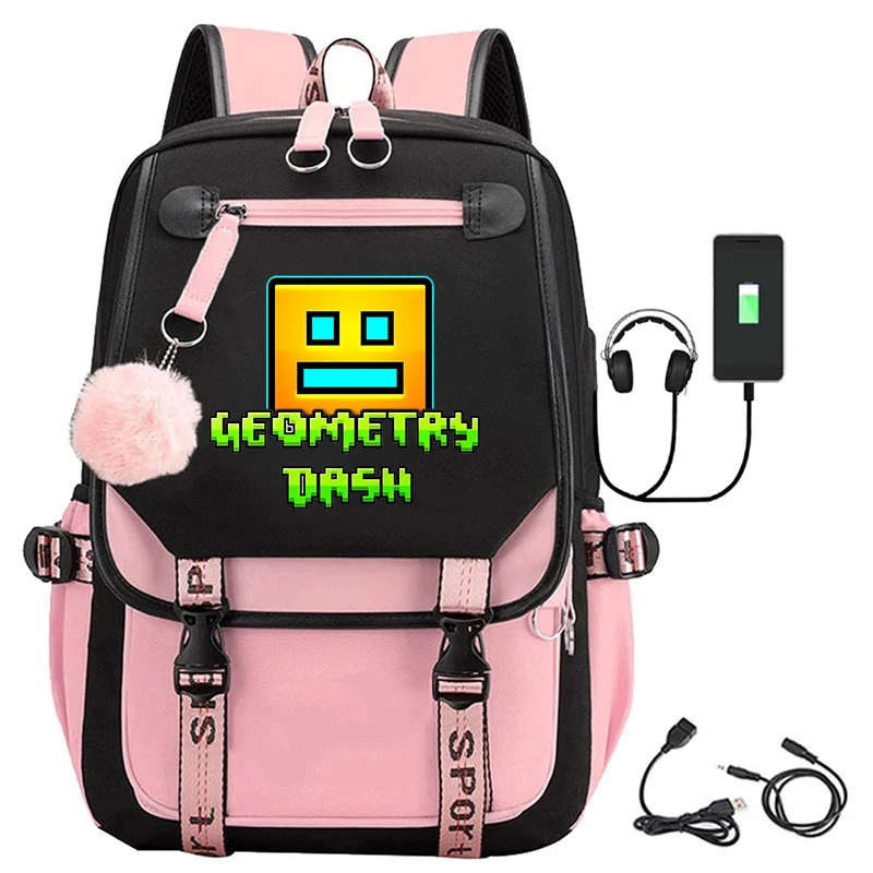 

Angry Geometry Dash Print Backpack with USB Charging Port Cartoon Game Cosplay Bookbag Gift Students Laptop Bag School Mochila