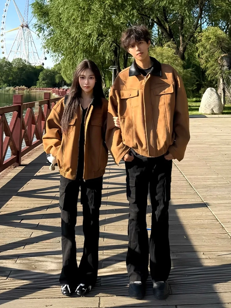 

American Barn Sle Suede Contrast Color Collar Jaet Men's Spring Autumn Versatile Retro Workwear Couple's Outerwear