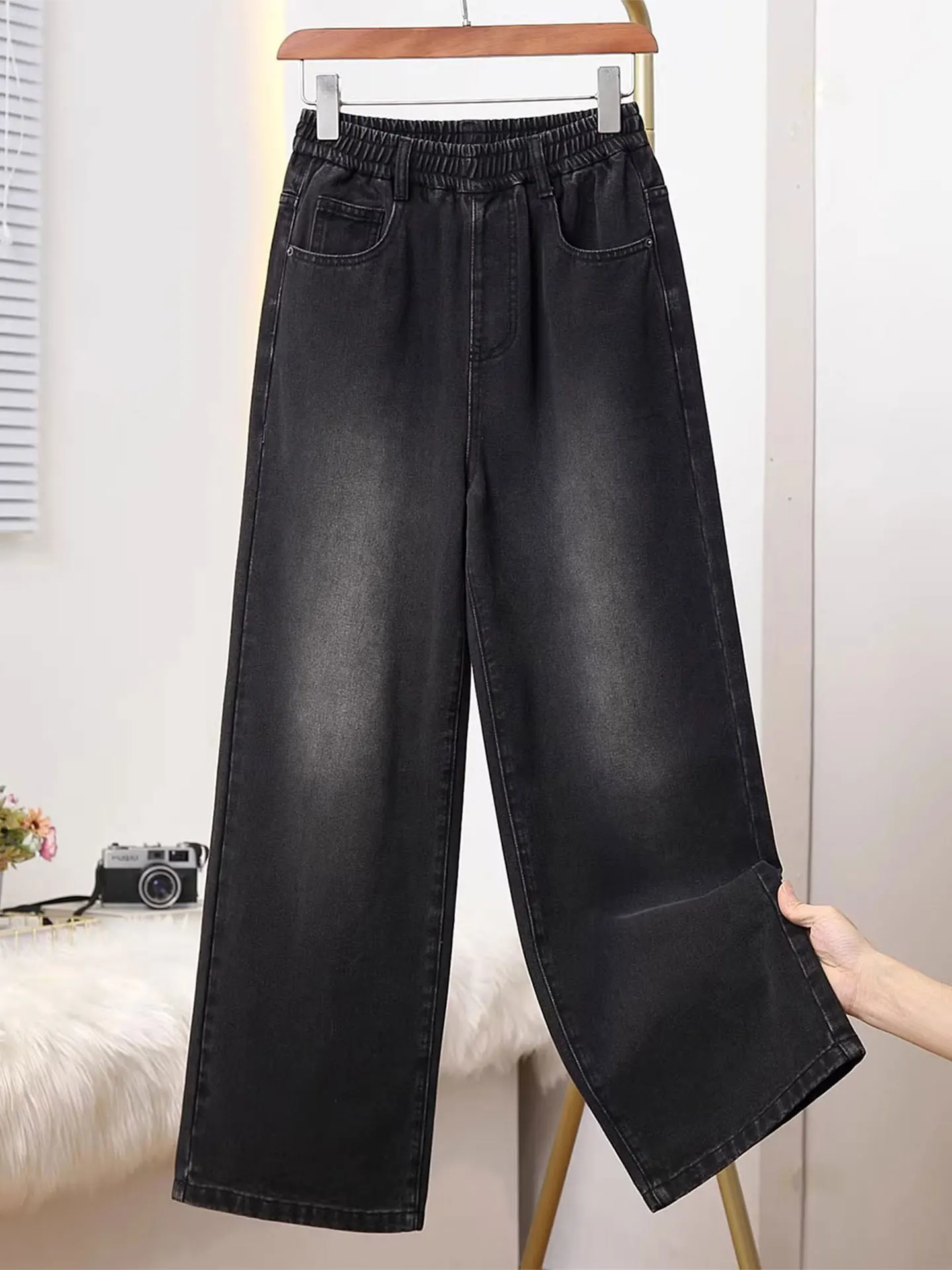 

High Waist Wide Leg Jeans Women's plus Size Elastic Waist Conceal Hip Slimming Versatile Street Sle Bla ey Denim Pants