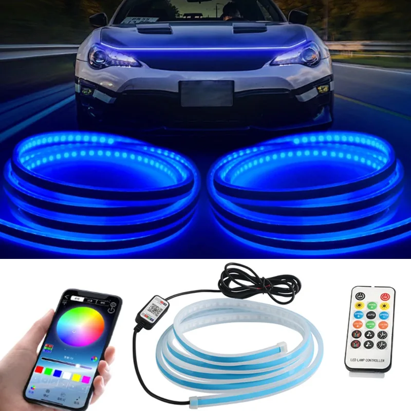 Car Atmosphere Lamps 150CM 180CM RGB Led Light Strips APP Remote Hood Headlight Daytime Lamp Running Decorative Lights 12V White