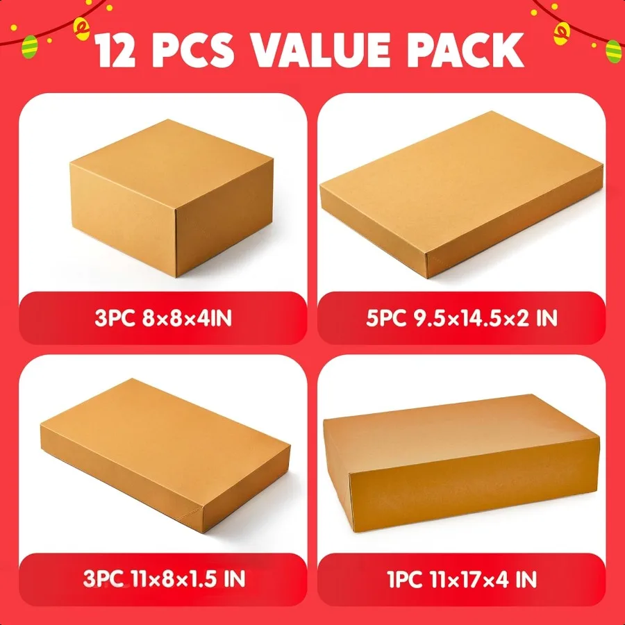 12PCS Brown Kraft Cardboard Gift Boxes with Lids for Presents 4" Deep Large Shirt Robe Wrapping Boxes for Christmas Holiday 4 D