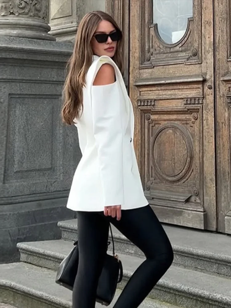 

Street Cold Shoulder Women Blazer Coat Fashion Single Button Slim Waist Commute Jacket 2025 Spring Autumn New Lady Outerwear