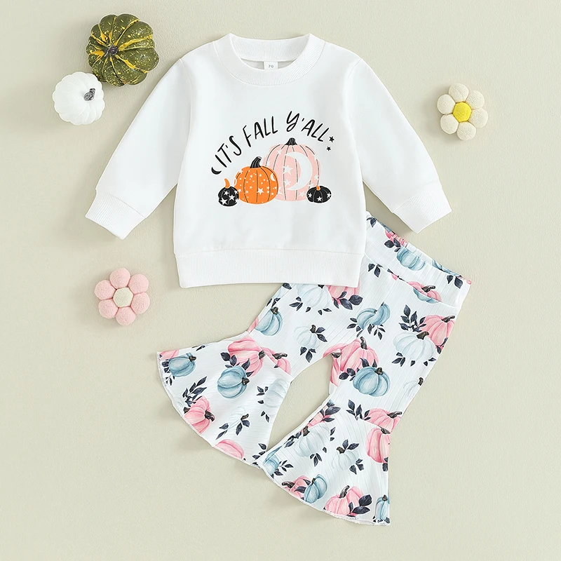 

BeQeuewll Baby Girl 2Pcs Fall Outfits Long Sleeve Sweatshirt And Pumpkin Flare Pants Set Toddler Clothes For 0-4 Years