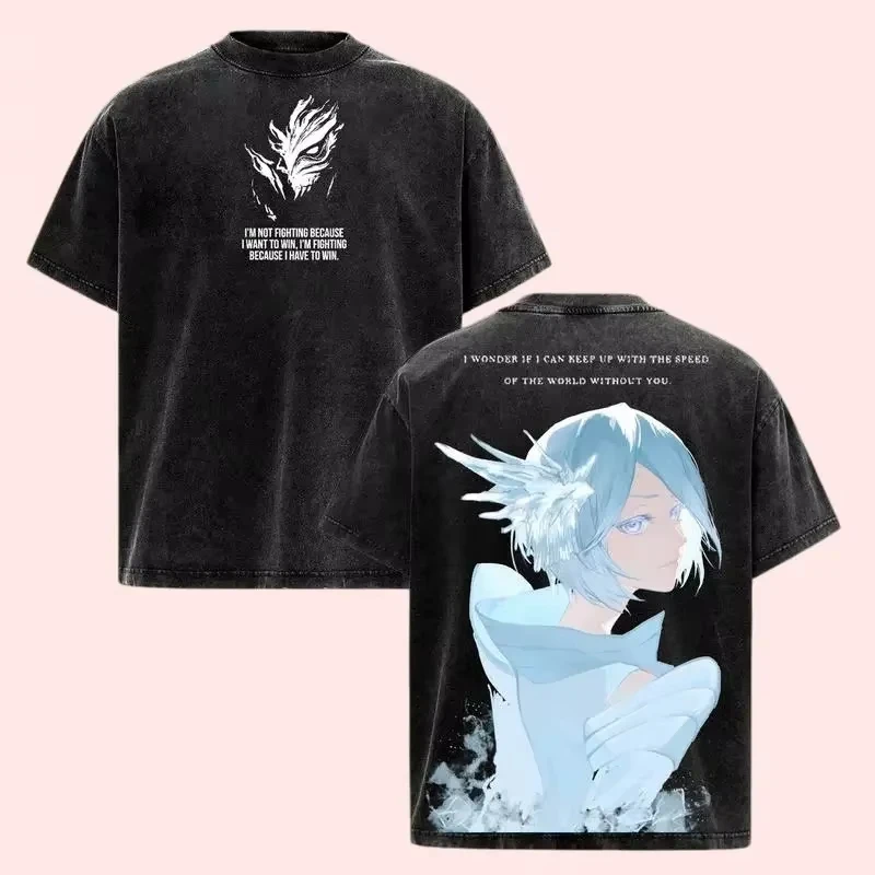 Anime BLEACH Kurosaki Ichigo Cool Graphic T‑shirt Unisex Casual Cotton Vintage Washed Streetwear Short Sleeve Tops