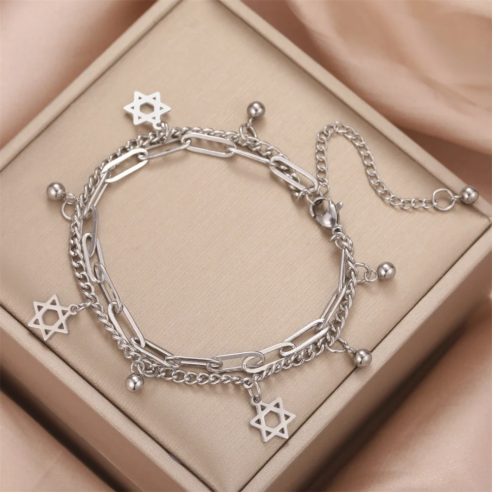 My Shape Star of David Bracelets Adjustable 2 Layers Hand Chain Stainless Steel Link Chain Hexagram Jewish Jewelry Israel Gifts