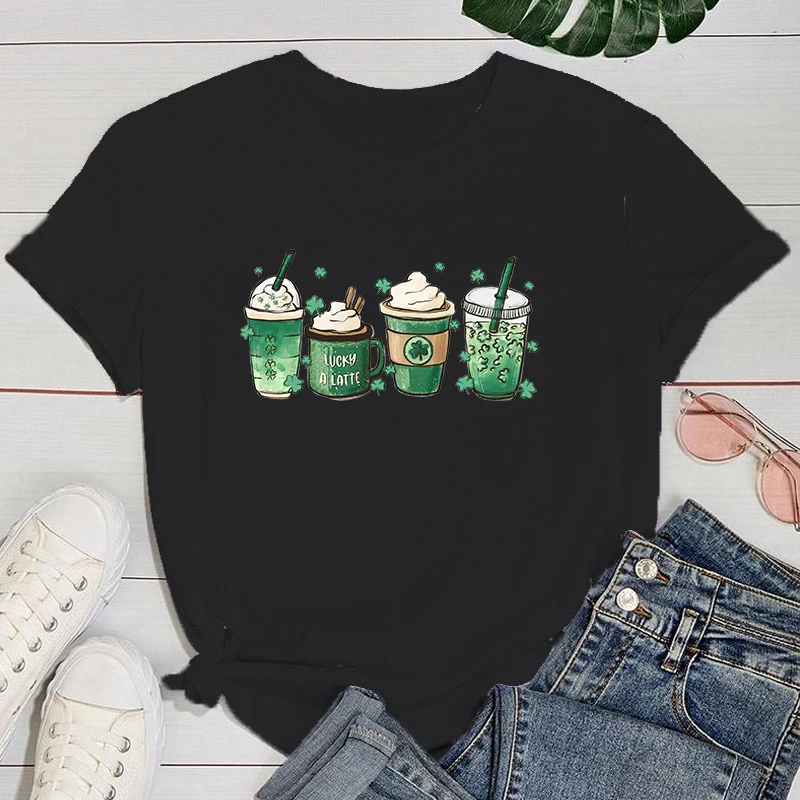 (Premium T-shirt)Cute St. Patrick'S Day Coffee Print T-Shirts For Women Summer Lovely Short Sleeve Casual T-Shirts Funny Ldies T