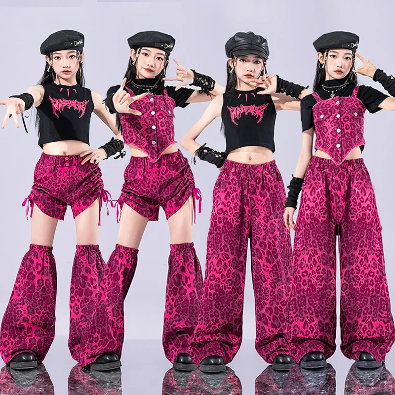 Hip Hop Sweet Girls Crop TopLeopard Print Cargo Pants Children Streetwear Shorts Clothes Set Kids K-pop Jazz Girl Group Costumes