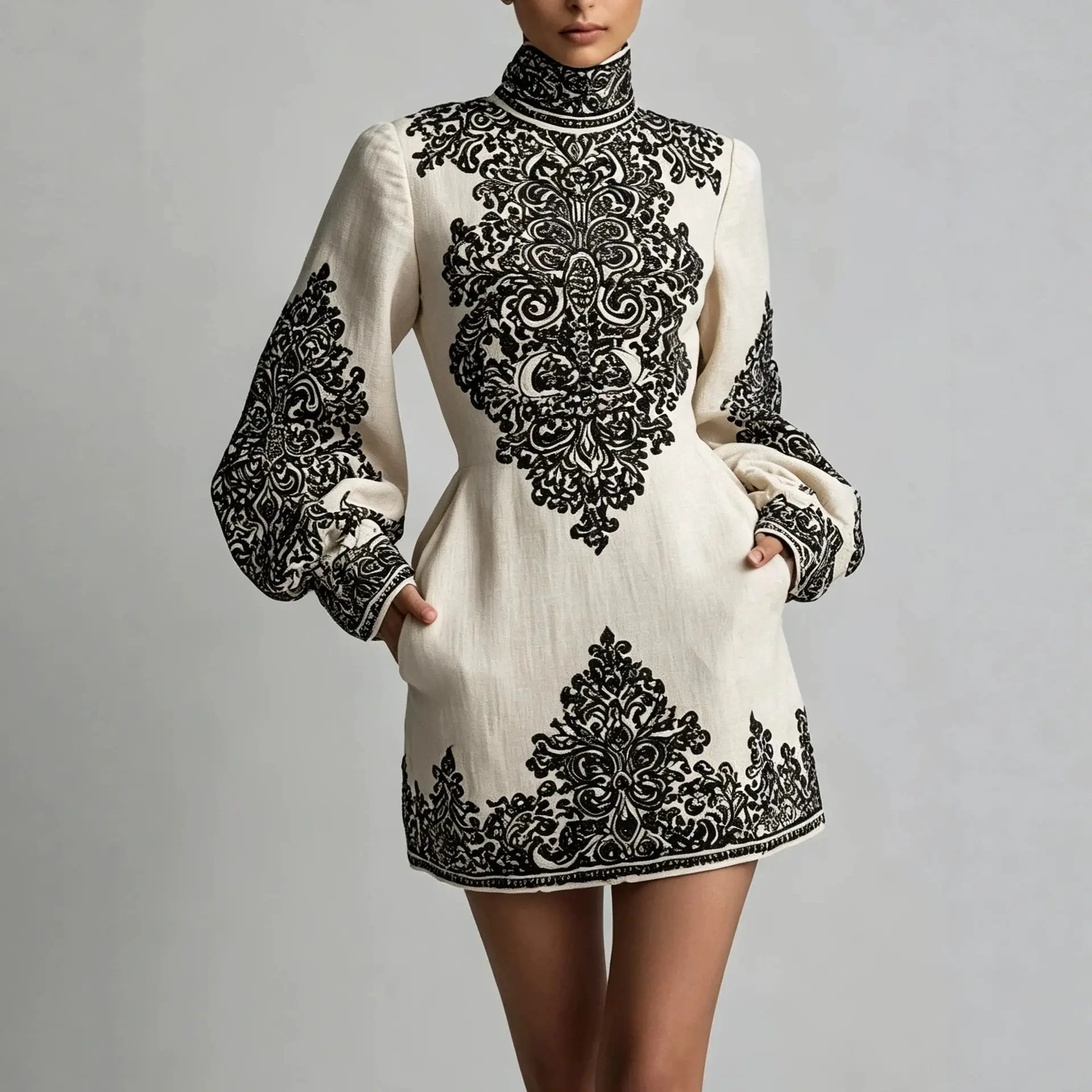 Image of Damen-Minikleid mit hohem Halsausschnitt und Print, langes Laternenärmel-Design, lockere Tunika, A-Linien-Schnitt, für Frühling und Herbst, elegant, für Verabredungen, Abendgarderobe, kurzes Kleid.