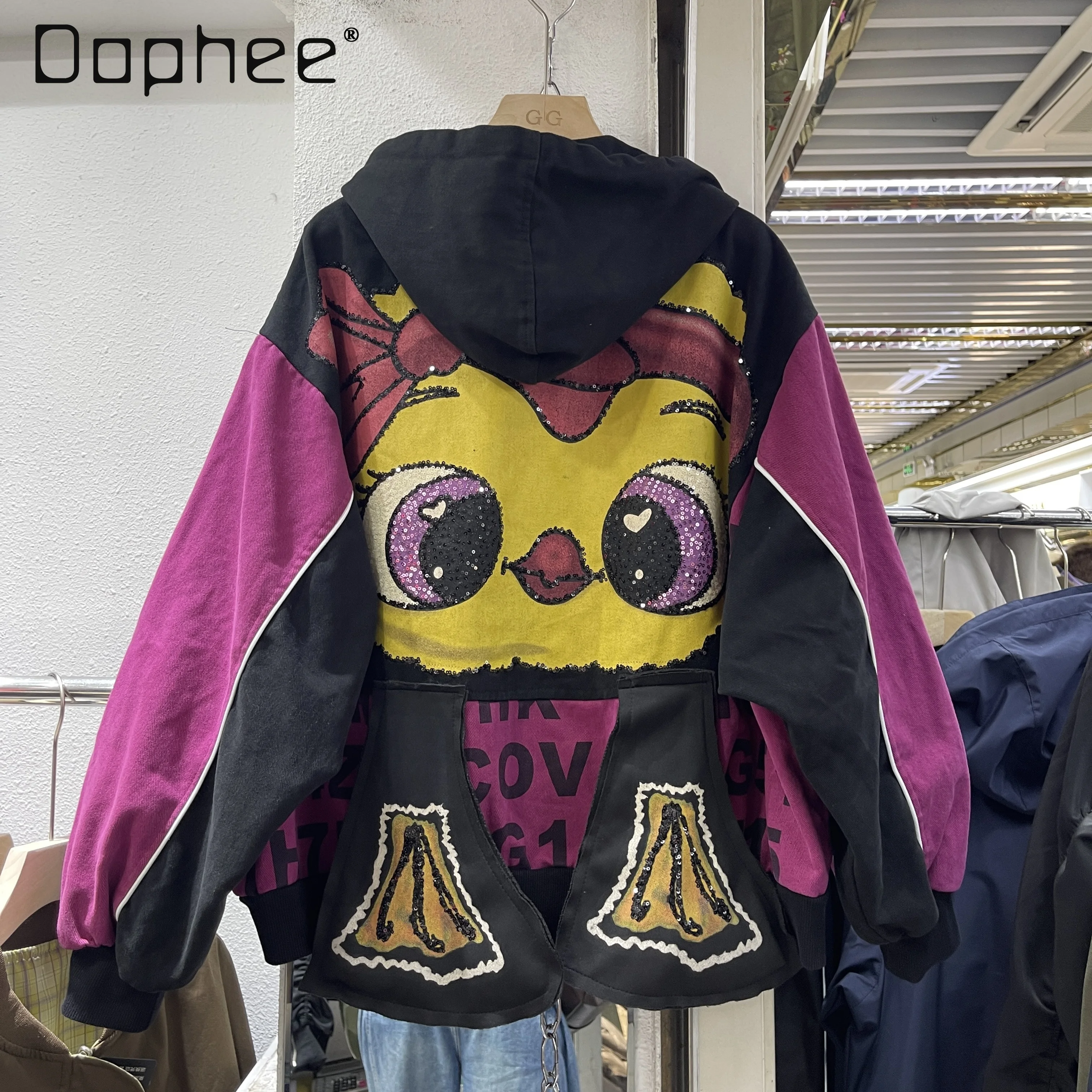 

2025 New Autumn Heavy Cartoon Print Loose Fashion Sequin Hooded Zipper Jacket for Women Street Style Mid-Length Coat Jacket