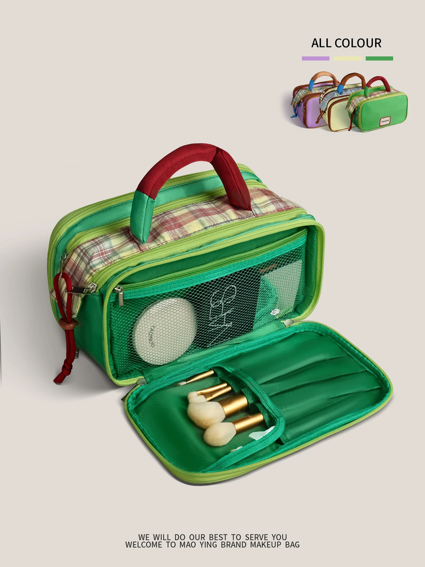 Checkered Embroidery Color Blocked Makeup Bag Large Capacity Partition Portable Storage Bag 2025 New Soft Women's Handbag