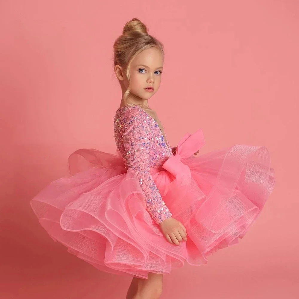 Vestido de princesa vintage com manga puff para bebê, vestido de tule tutu para crianças, roupas pérola para crianças, festa de aniversário, casamento, verão