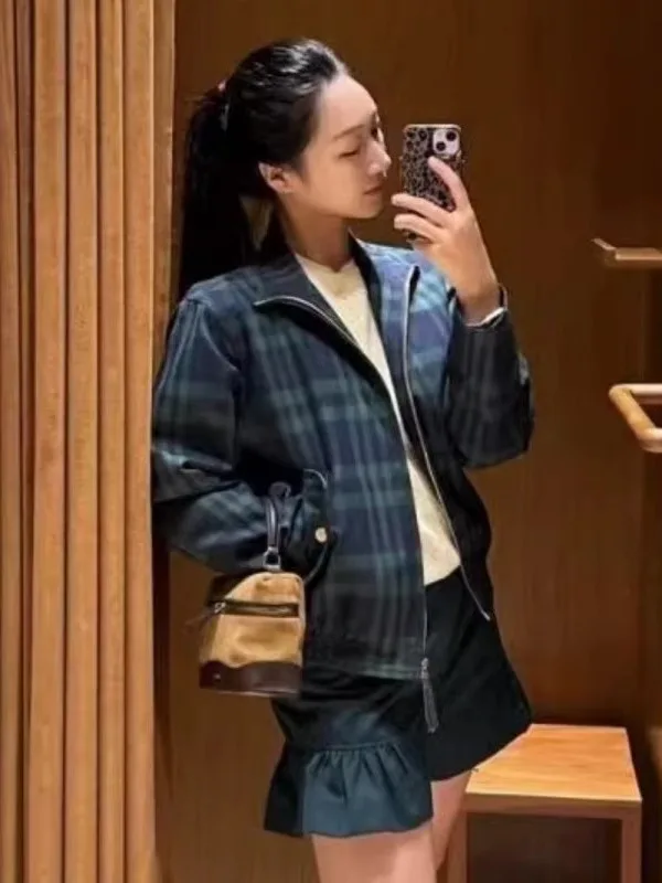 

Retro Blue een Plaid Stand Collar Waist Cinched Casual Zipper Jaet Women's Spring 2026 Versatile Loose Fit Ladies Coat