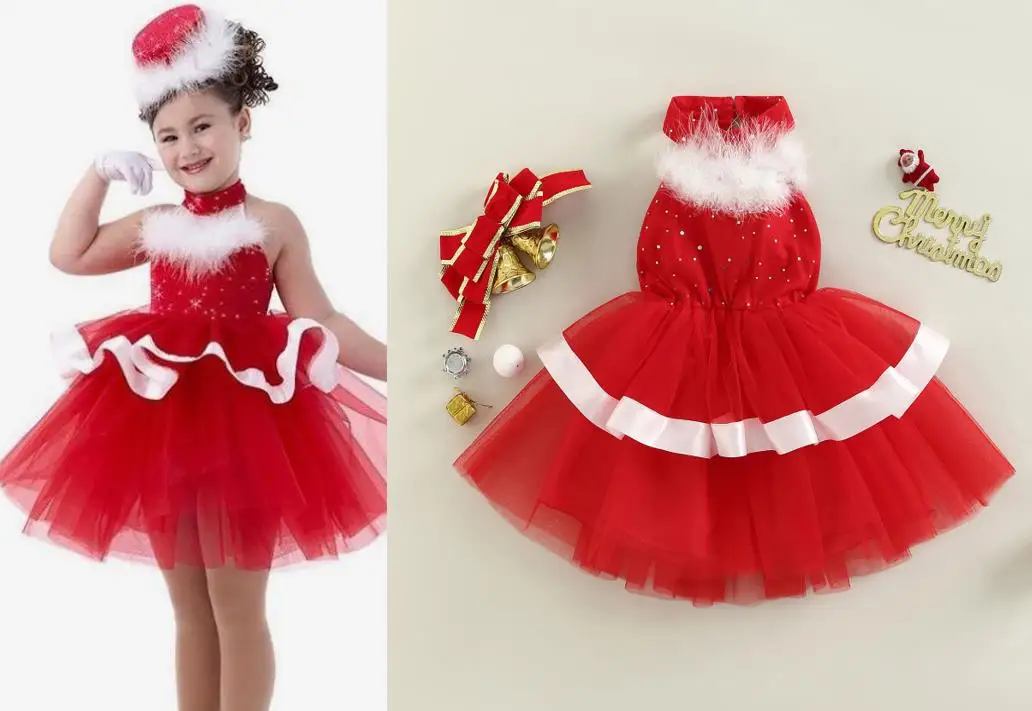 Kids Girls Christmas Dress Sleeveless Halterneck Sequined Tulle Princess Xmas Dress Costume