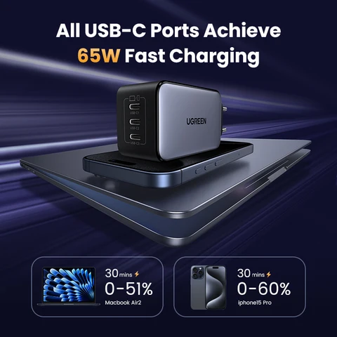 UGREEN 65 Вт GaN Зарядное устройство PPS PD 3.0 USB C Быстрое зарядное устройство Quick Charge 4.0 3.0 Для Macbook Ноутбук Планшет iPhone 17 15 15 Pro Samsung