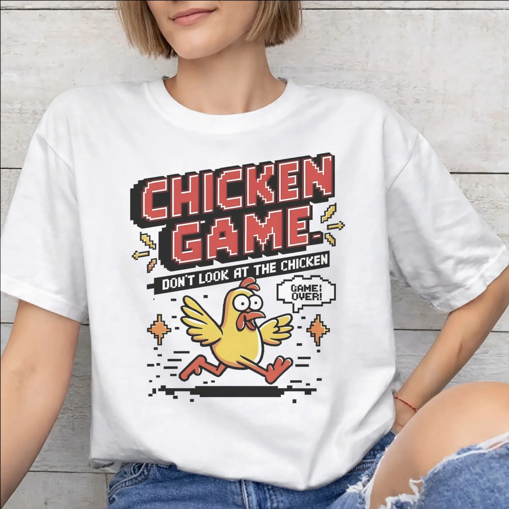 Men Women Printed Chicken Game Dont Look At The Chicken T Shirt Tee Cotton  T-shirts Clothing