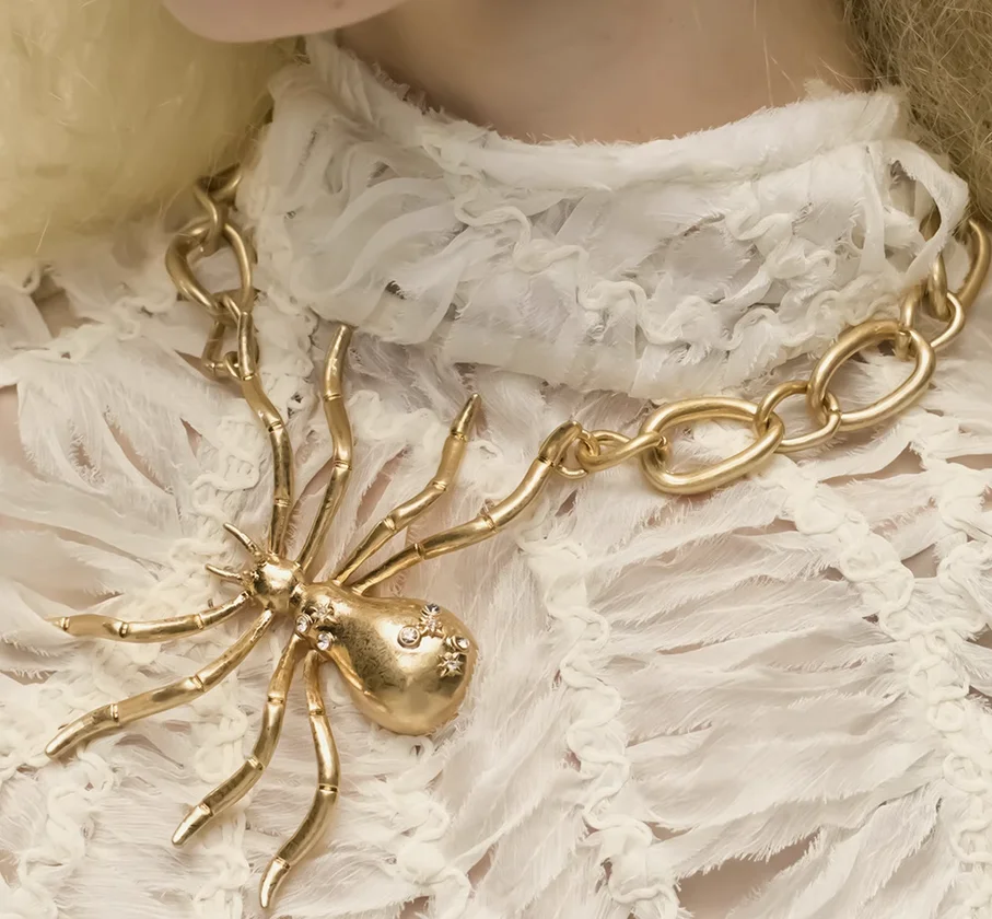 

Europe and America big retro design sense niche metal spider necklace set funny exaggerated ring earrings.