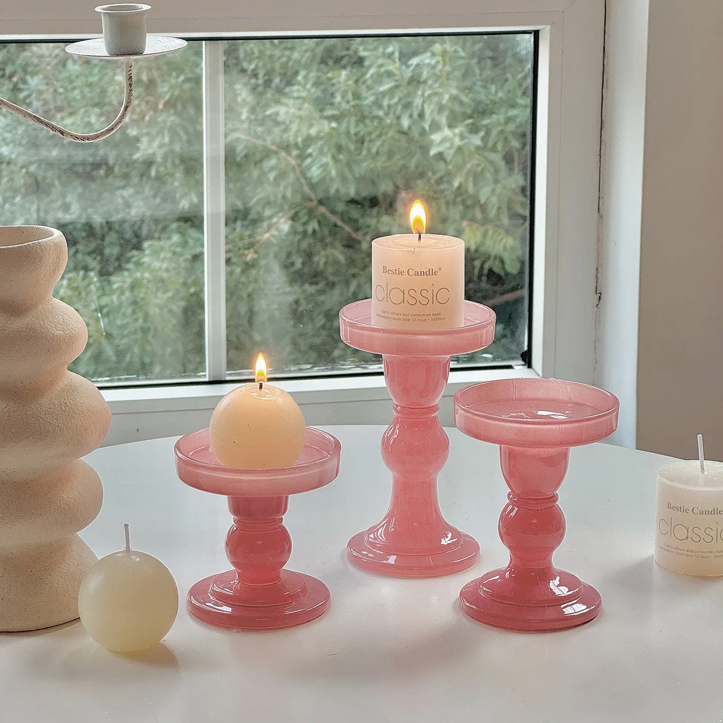French Pink Glass Candle Holder Romantic Wedding Decor Nordic Style Home Desktop Ornament High Grade Living Room Candlestick