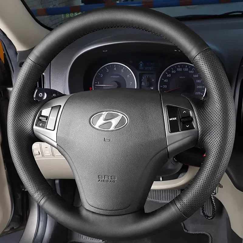 本革の車のステアリングホイールカバーヒュンダイエラントラ100-2008に2010適合手縫いの黒diyの自動車部品