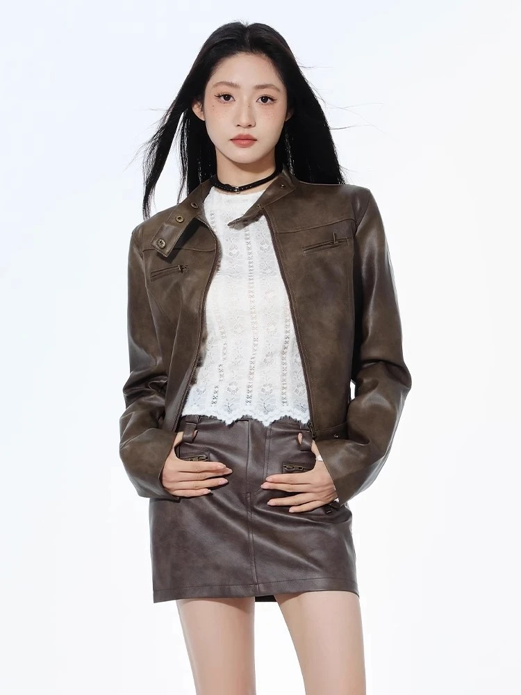 

American Retro Brown ort Leather Jaet Motorcycle Sle Women's Slim Fit Jaet Fall Winter Faion Trend ket Detail